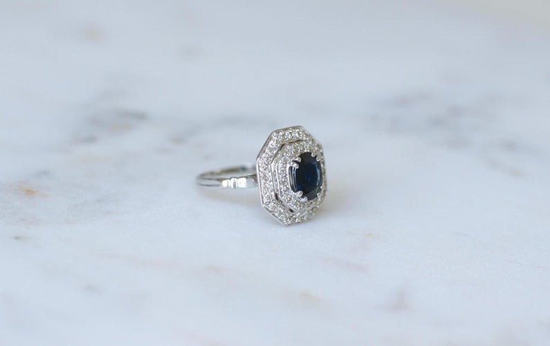 Bague 56.5 Bague Octogonale Saphir et Diamants Style Art Déco 58 Facettes