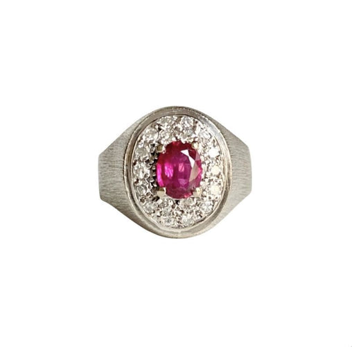 Bague 54 Bague chevalière en or gris 18k rubis et diamants 58 Facettes