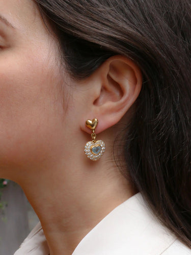 Boucles d'oreilles Boucles d'oreilles pendantes coeur or diamants et aigue-marine 58 Facettes J332