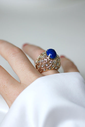 Bague 52 Bague Cocktail rétro or jaune, Lapis Lazuli et Diamants 58 Facettes