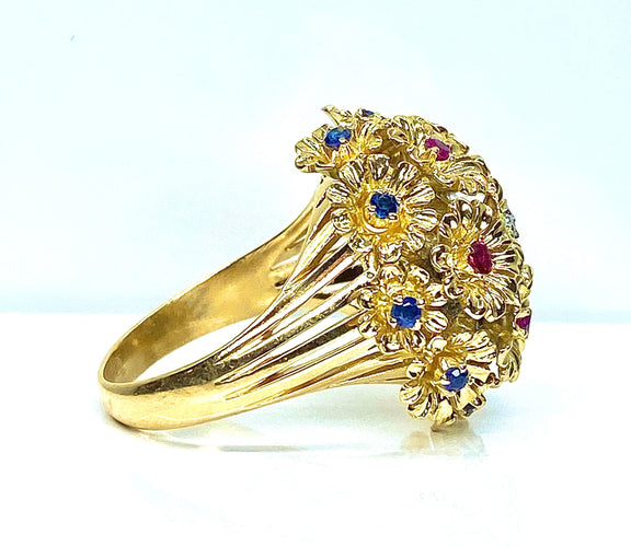 Anello - Anello multifiori in oro giallo e zaffiri, rubini, diamanti 