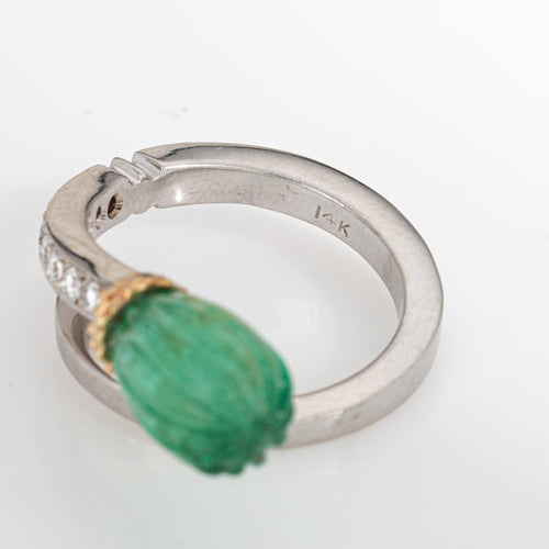 Bague 53 Bague cannelée en or blanc avec émeraude et diamant 58 Facettes G13993