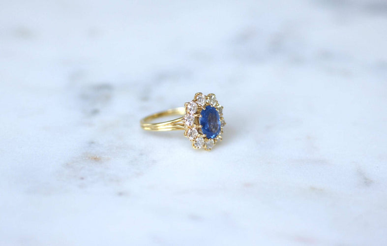 Bague Bague Marguerite Saphir Ceylan 1.70 Ct et Diamants sur Or jaune 58 Facettes