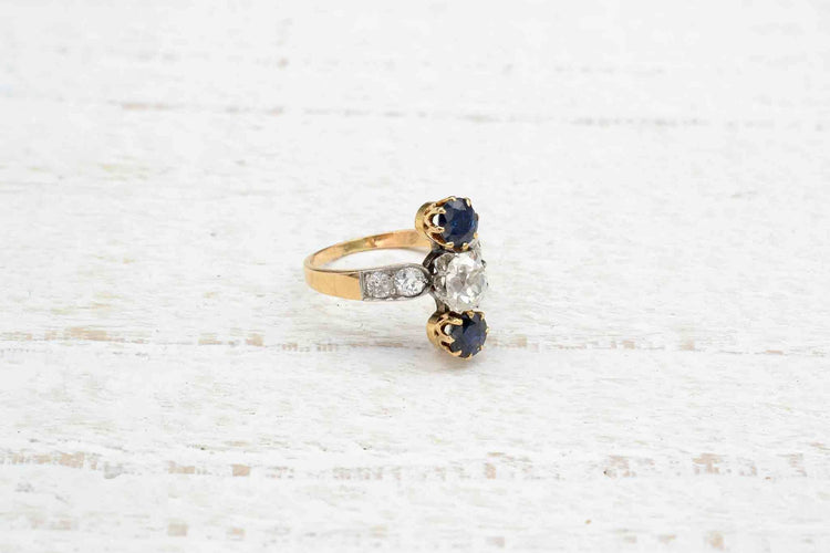 Bague 53 Bague 1900 Or jaune Platine Diamant Saphirs 58 Facettes 23604