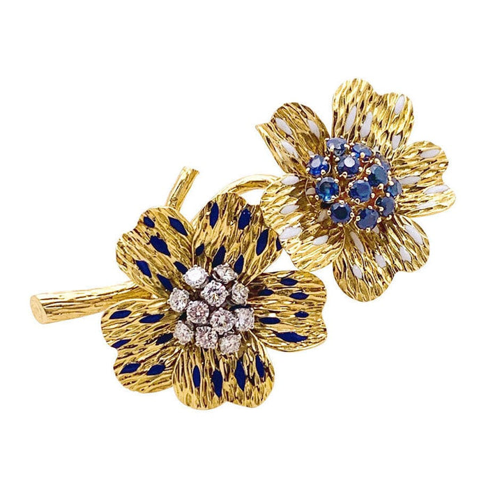 Broche Clip Boucheron "Fleurs", or jaune, émaux, diamants et saphirs. 58 Facettes 33915