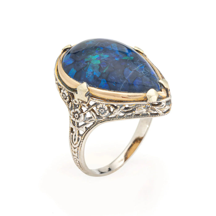 Ring Art Deco Black Opal 1920s Vintage White Gold