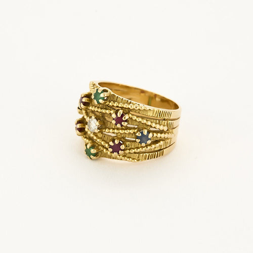 Bague 55 Bague bandeau mouvementée, or jaune, rubis, émeraudes et saphirs 58 Facettes B250458