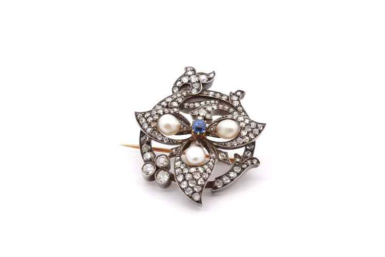 Broche Broche 1900 or jaune et blanc perles fines, saphir et diamants 58 Facettes 26249