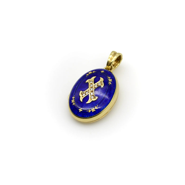 Gouden diamanten guilloche emaille medaillon Fabergé