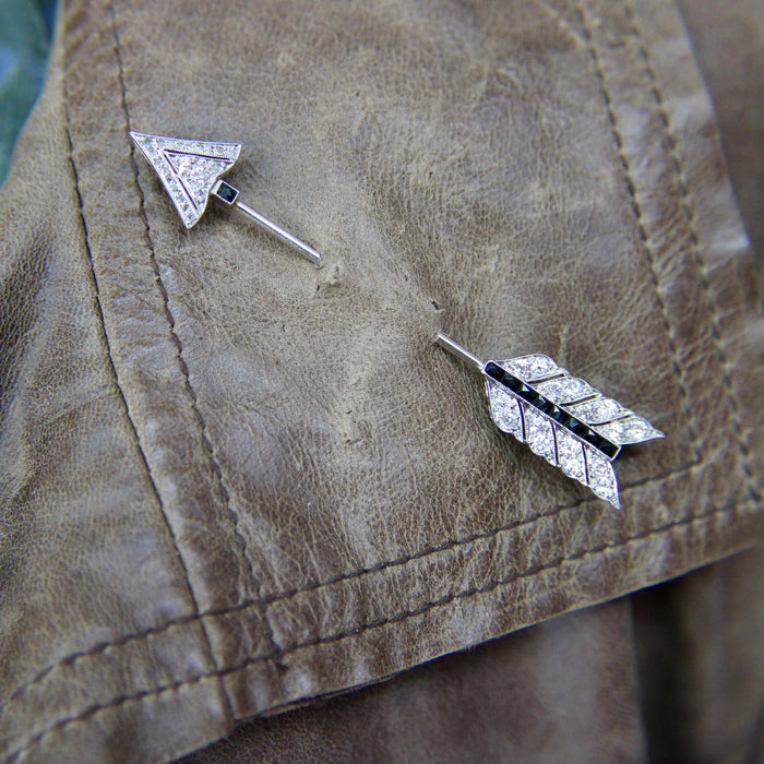 Art Deco Platinum Diamond and Onyx Jabot Pendant Brooch