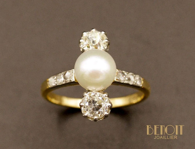 İnce inci ve pırlanta üçlü yüzük