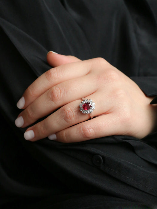 Bague 55 Bague marguerite or blanc rubis ovale diamants 58 Facettes 1023.1