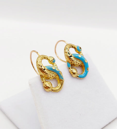Boucles d'oreilles Dormeuses victorienne or jaune infini et émail bleu (circa 1870) 58 Facettes A06050