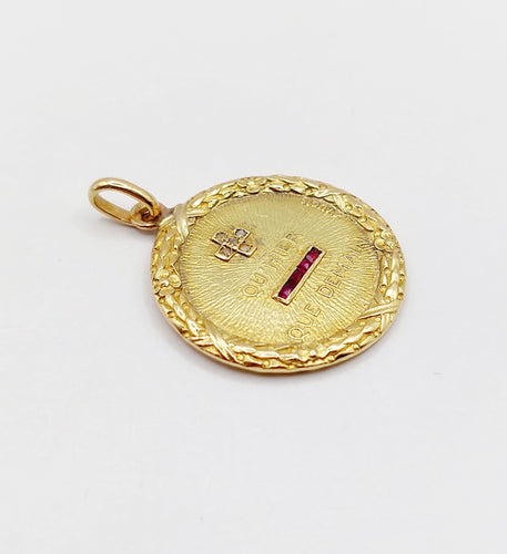 RAR Pandantiv medalie de dragoste AUGIS 22mm aur 18k diamant și rubin : "+ decât ieri - decât mâine" (circa 1930) 
