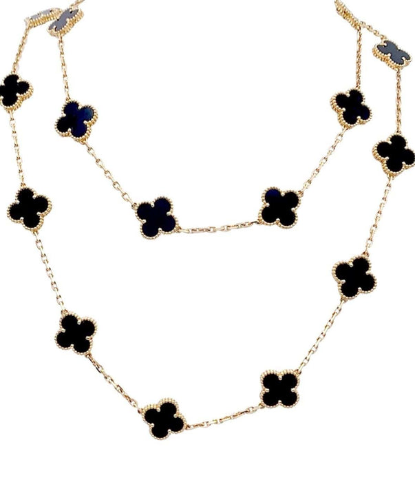 Collier VAN CLEEF & ARPELS. Sautoir "Alhambra vintage" or et onyx 58 Facettes