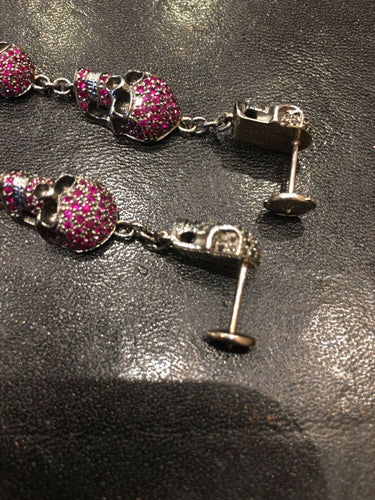 Boucles d'oreilles Paire de pendants d’oreilles « Têtes De Mort » Or, Rubis, Diamants Noirs 58 Facettes