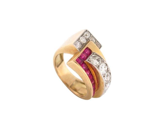 Bague 50 bague tank art deco sertie diamants 1.1ct rubis t50 en or jaune platine 8gr 58 Facettes 269295
