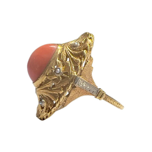 Bague 54 BAGUE RÉTRO EN OR 18 carats AVEC CORAIL ET PERLE 58 Facettes DMAR9