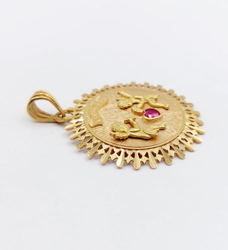 Pendentif Pendentif médaille d'amour or rose, angelots articulés "Il Bat Pour Toi" et rubis synthétique 58 Facettes A05878