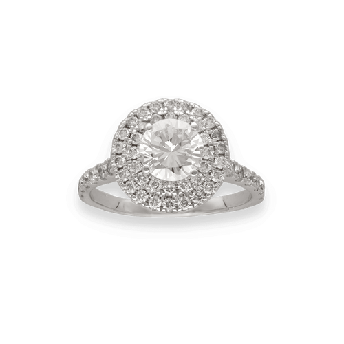 Bague 50 Solitaire Or Gris 18K – Diamant Central 0,82 ct E-VVS2 & Halo 0,50 ct – Certificat HRD 58 Facettes FB10625