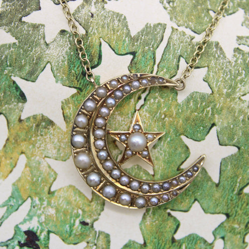 Collier Pendentif victorien en or 14 carats avec croissant de lune et étoile et chaîne en or 9 carats 58 Facettes A2004I