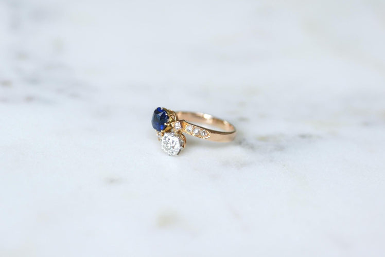 Bague 53 Bague Toi et Moi Saphir et Diamant sur Or Rose et Platine 58 Facettes