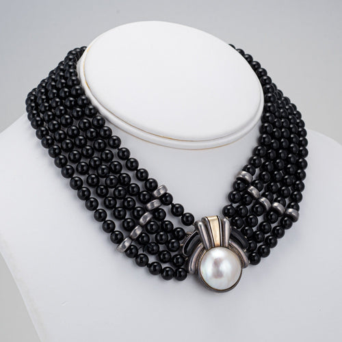 CARTIER - Vintage 70s necklace Onyx Choker Sterling Silver and Yellow Gold Mabe Pearl 58 Facettes G14110