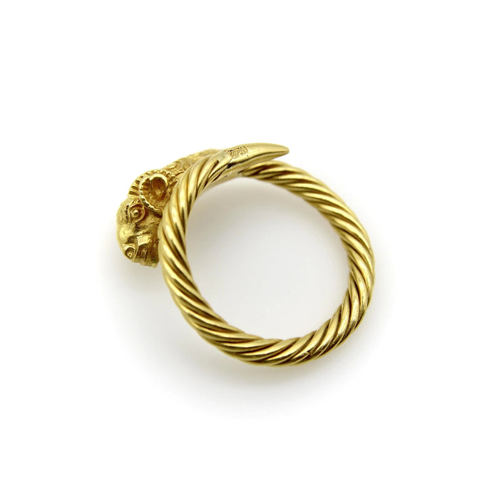 Vintage ram's head ring in 22k gold in neo-Etruscan style