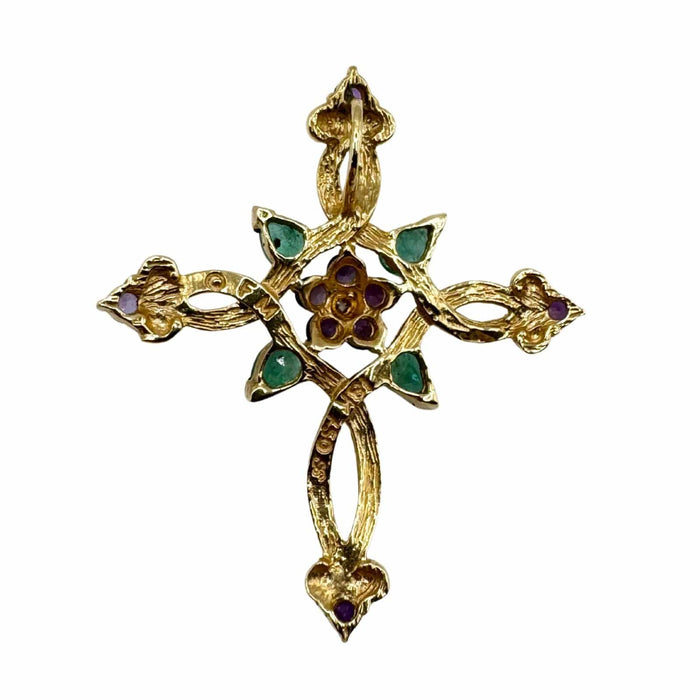 Pendentif FRANKLIN MINT / Pendentif Croix Or Jaune 18k Diamant, Emeraudes & Améthystes 58 Facettes 1CPE-GS30449