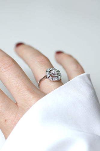 Prsten Art Deco oktagonalni, belo zlato, Platinum, dijamanti 