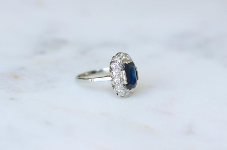 Bague 56 Bague Marguerite Art Déco Or blanc, Saphir & Diamants 58 Facettes