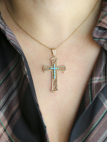 Pendentif Pendentif croix Art Nouveau or jaune turquoises 58 Facettes 1190.6
