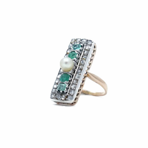 Anello rettangolare Oro rosa argento Diamanti Smeraldi Perla