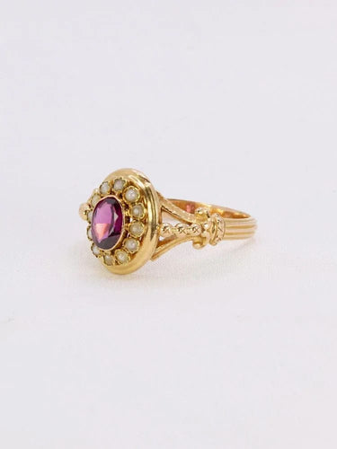 Bague 61 Bague Napoléon III or jaune grenat perles fines 58 Facettes 1073.3
