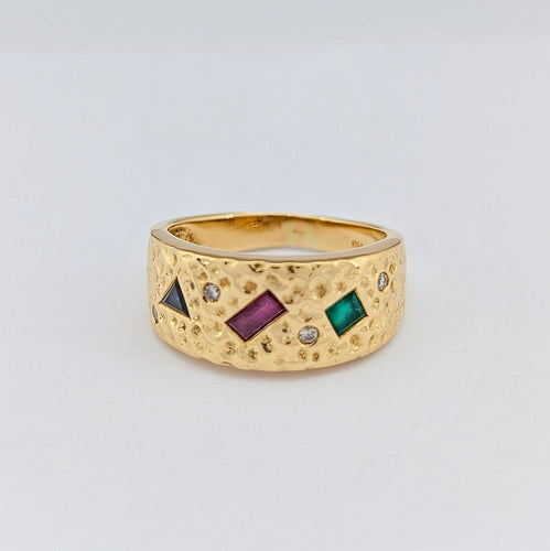 Bague 52.5 Bague en or jaune aux quatre pierres précieuses - rubis, émeraude, saphir et diamants 58 Facettes 32597