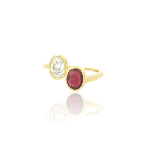 Toi & Moi yellow gold diamond and ruby ring 