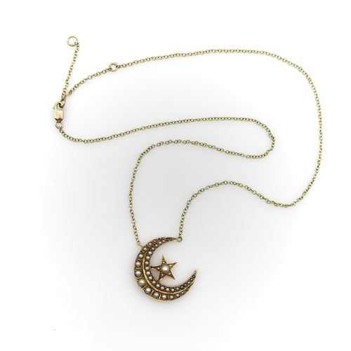 Collier Pendentif victorien en or 14 carats, croissant de lune et étoile, avec chaîne en or 9 carats 58 Facettes A2004I