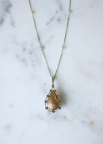 Collier Collier Art Déco Pendentif Goutte Perle & Diamants sur Platine 58 Facettes