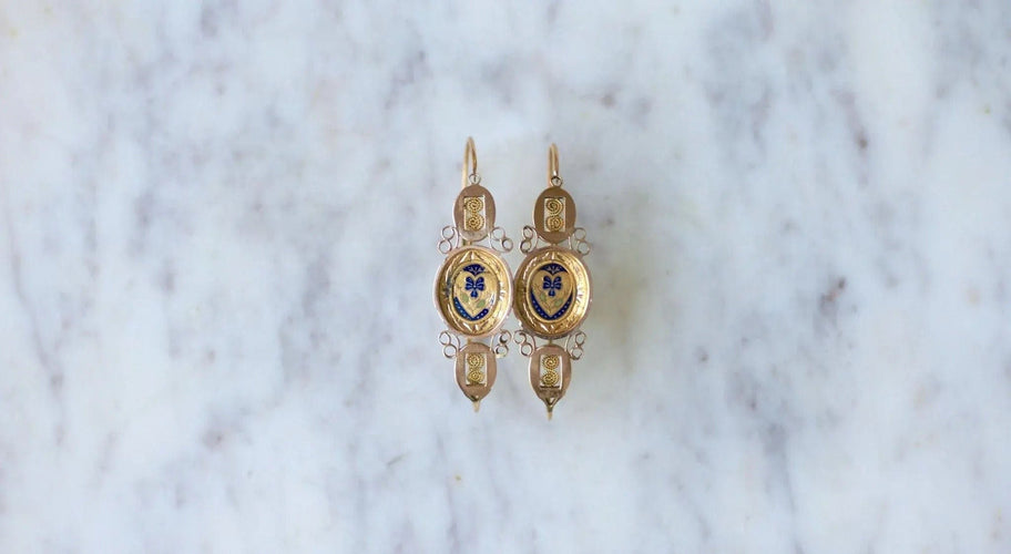 Boucles d'oreilles Boucles d'oreilles poissardes coeur et fleur émail sur or rose et jaune 58 Facettes