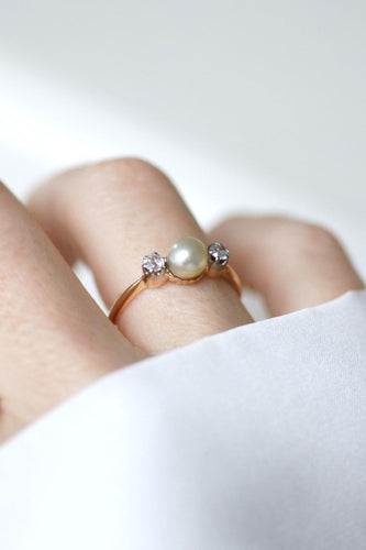 Bague 59 Bague Ancienne Perle Fine et Diamants sur Or et Platine 58 Facettes