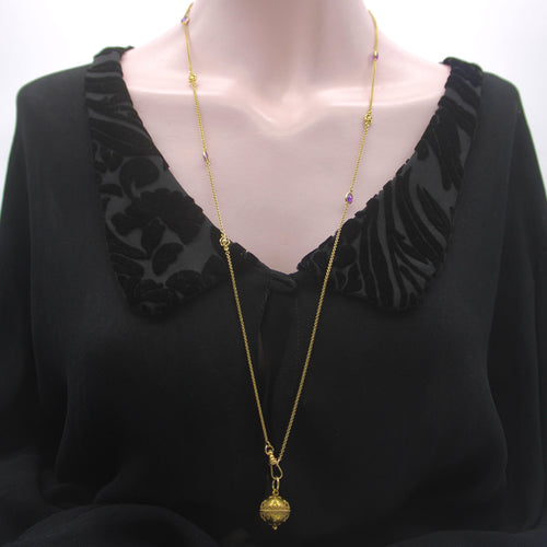 Collier Chaîne station édouardienne en or 14 carats avec améthyste et fleurs 58 Facettes A2002K