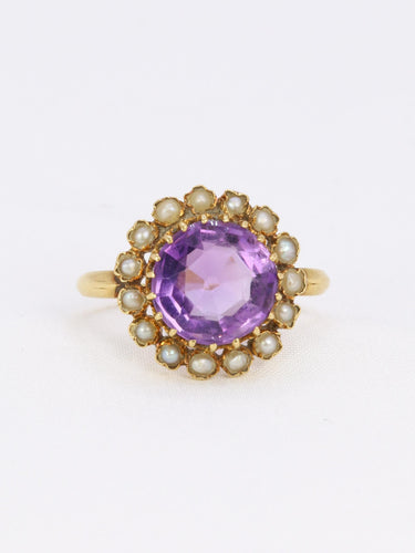 Bague 52 Bague marguerite ancienne or jaune amethyste perles fines 58 Facettes 1102.6