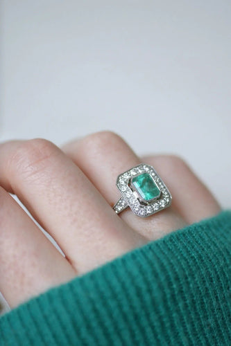 Bague 56 Bague Émeraude Colombienne 2.00 Cts et Diamants Style Art Déco 58 Facettes