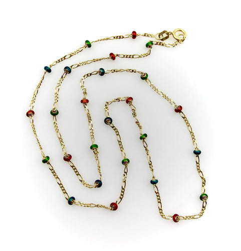 Collier Chaîne à maillons Figaro en or 14 carats avec perles en émail coloré 58 Facettes A2003Y