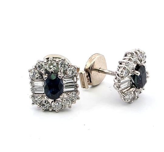 白金耳环，镶嵌蓝宝石和钻石 