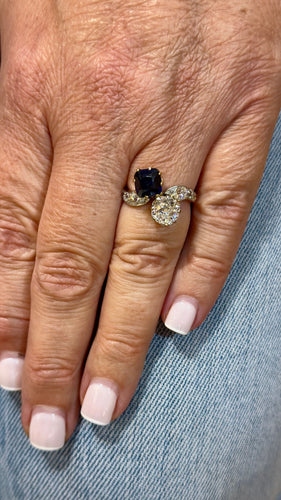 Bague 51 Bague ancienne Toi et Moi saphir de Siam et diamants 58 Facettes