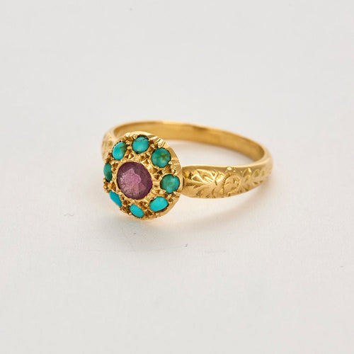 Bague 55 Bague or jaune ciselé, turquoise et pierre violette 58 Facettes EVR25714