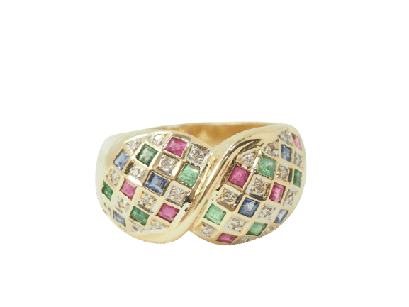 Bague 61 Bague pavée en or jaune, diamants et pierres précieuses 58 Facettes 22233