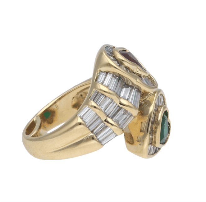 Geelgouden diamanten ring met robijn en smaragd