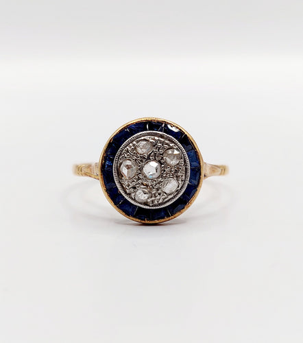 Bague 59 Bague cible Art déco en or 18k, diamants et saphirs synthétiques 58 Facettes A06447